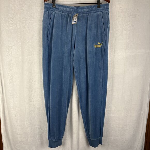 PUMA Jogger Pants Velour Blue Gold Logo Tapered Essentials ESS+ Sz XL (36x32) - Picture 1 of 7